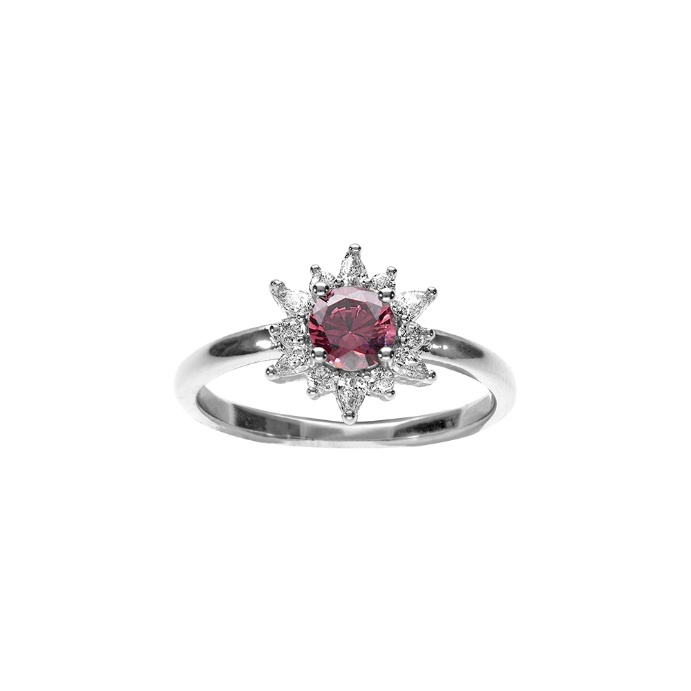 Bague en argent rhodi motif fleur avec oxyde rose et le contour en oxydes blancs - Vue 1