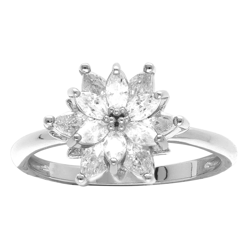 Bague en argent rhodi� motif fleur avec oxydes blancs sertis - Vue 1