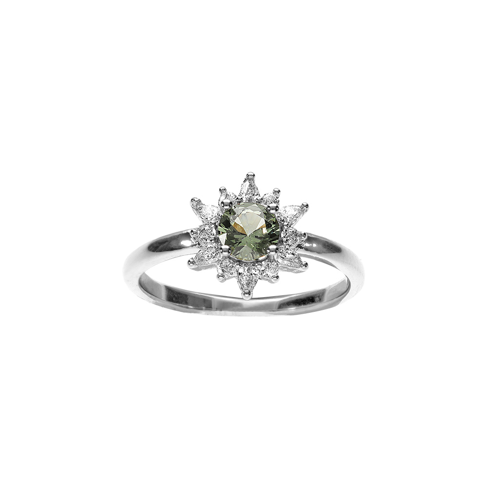 Bague en argent rhodi� motif fleur oxyde vert et le contour en oxydes blancs - Vue 1