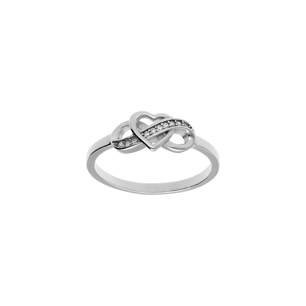 Bague en argent rhodi motif infini et coeur avec oxydes blancs sertis - Vue 1