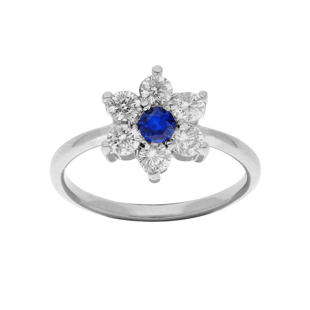 Bague en argent rhodi motif marguerite avec oxyde au centre bleu fonc et contour blancs sertis - Vue 1