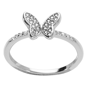 Bague en argent rhodi� motif papillon avec oxydes blancs sertis