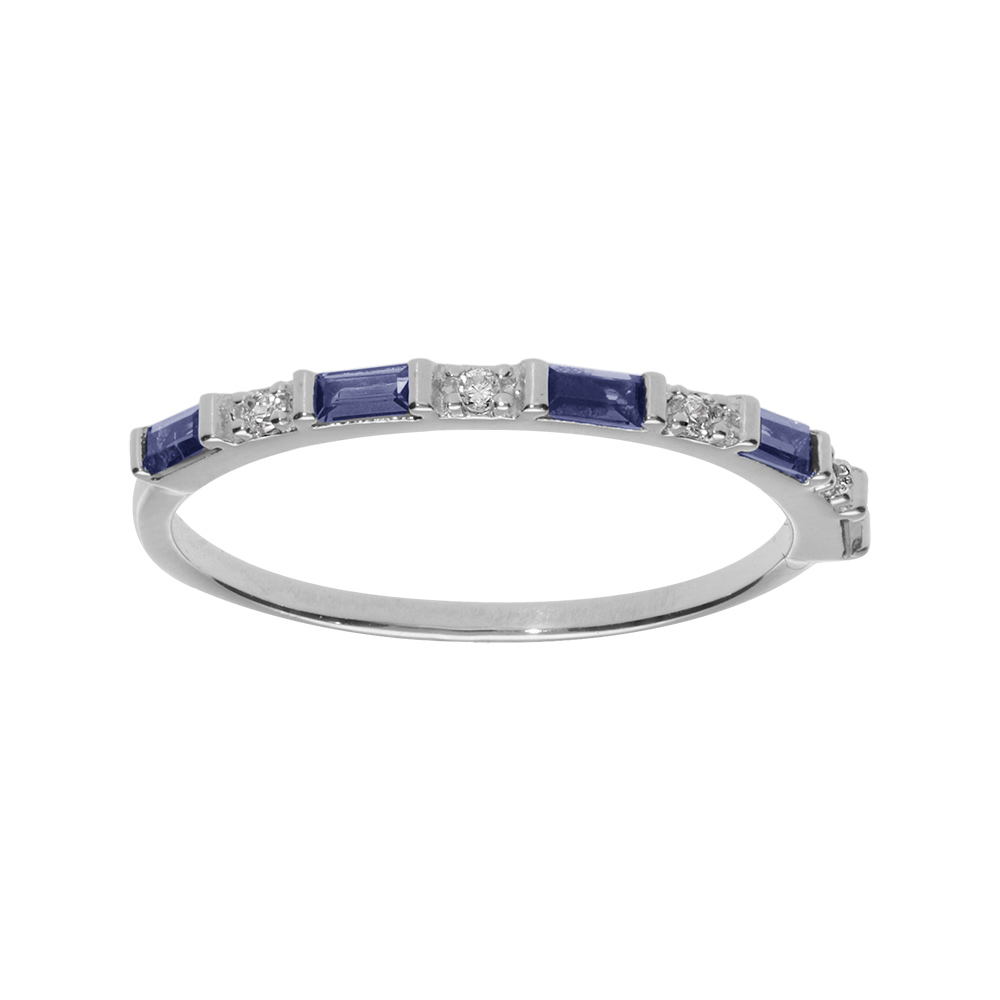 Bague en argent rhodi� motif rectangle avec oxydes bleus et blancs - Vue 1