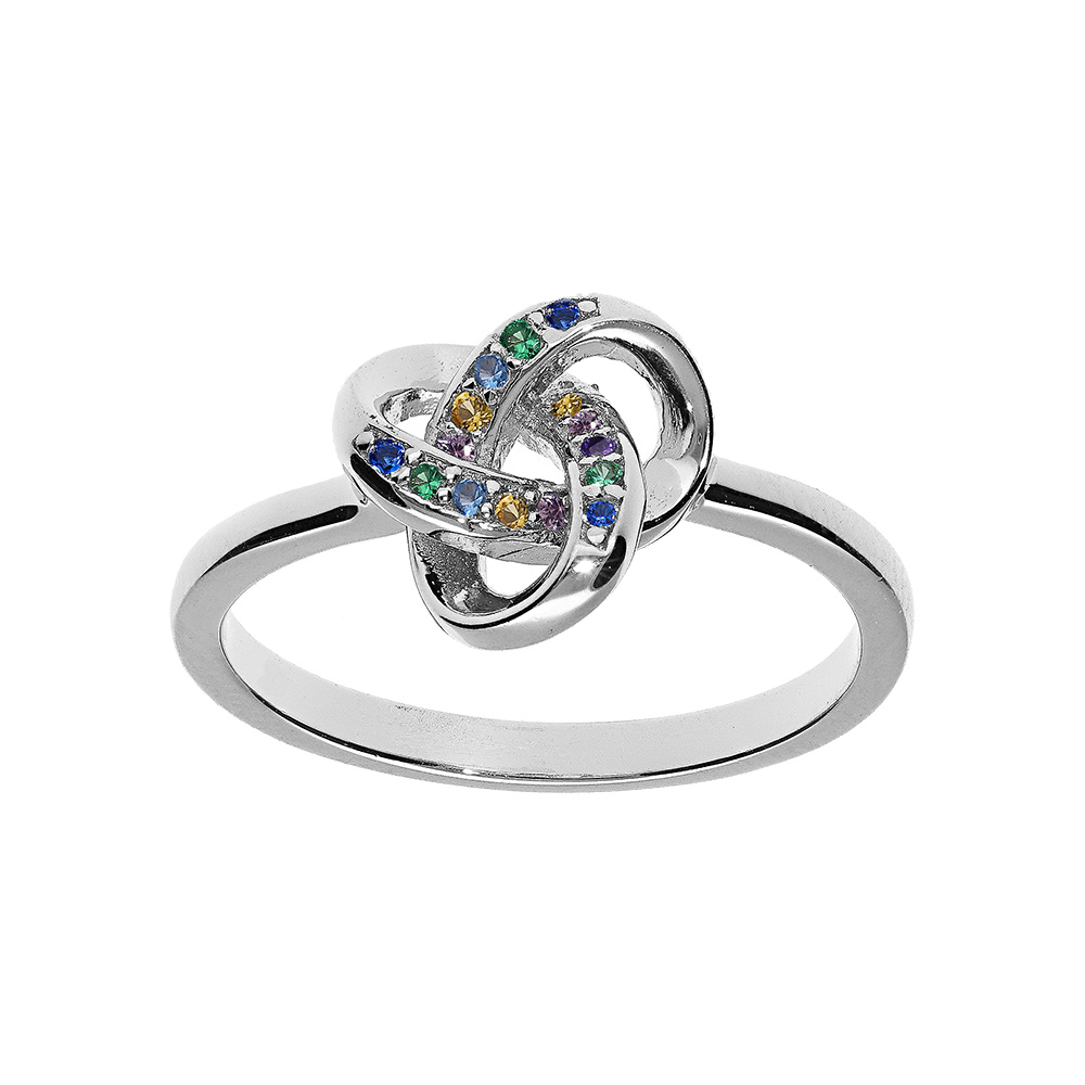 Bague en argent rhodi noeud avec oxydes multi couleurs sertis - Vue 1