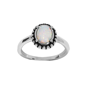 Bague en argent rhodi Opale blanche de synthse cercle de picot patin - Vue 1