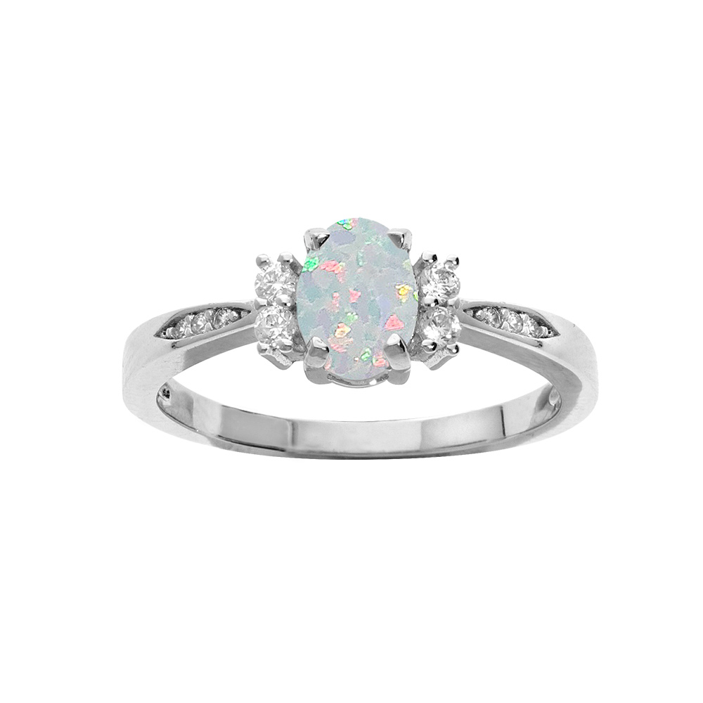 Bague en argent rhodi� Opale blanche de synth�se et oxydes blancs sertis - Vue 1