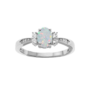 Bague en argent rhodi Opale blanche de synthse et oxydes blancs sertis - Vue 1