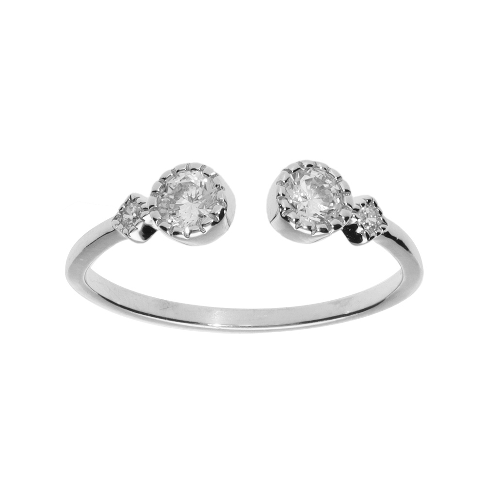 Bague en argent rhodi� ouverte avec deux oxydes blancs sertis clos - Vue 1