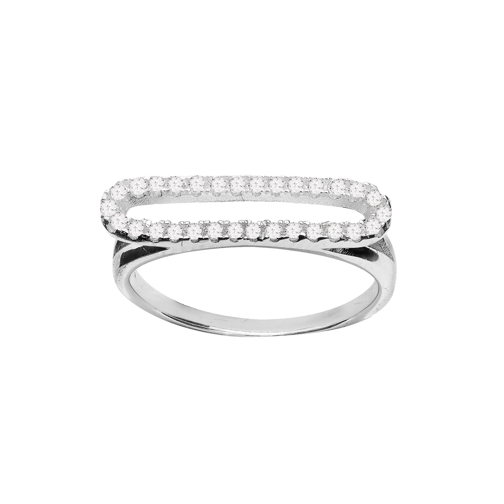 Bague en argent rhodi� ovale long orizontale orn� d\'oxydes blancs sertis - Vue 1
