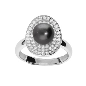 Bague en argent rhodi ovale pave d\'oxydes blanc avec Perle de Tahiti vritable 7mm - Vue 1