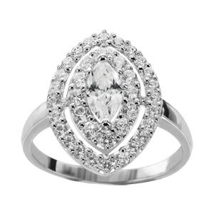 Bague en argent rhodié oxyde blanc en navette au centre et 2 tours ornés d\'oxydes blancs sertis - Vue 1