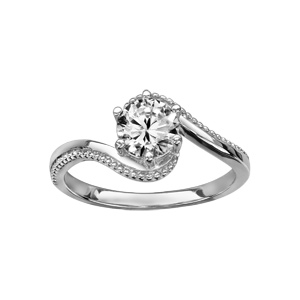 Bague en argent rhodié oxyde blanc soliatire serti griffes entre 2 bagues lisses et ouvragées - Vue 1
