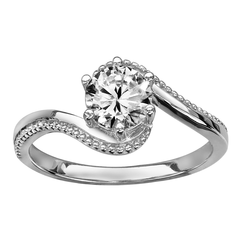 Bague en argent rhodi� oxyde blanc solitaire serti griffes entre 2 vagues lisses et ouvrag�es - Vue 1