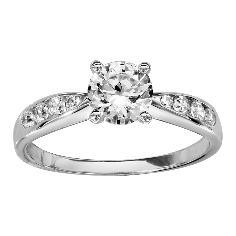 Bague en argent rhodi� 1 oxyde serti 4 griffes avec petits oxydes de chaque c�t� sur l\'anneau - Vue 1