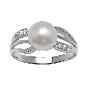 Bague en argent rhodi perle blanche synthtique au centre et brins lisses et orns d\'oxydes blancs sur les cts - Vue 1