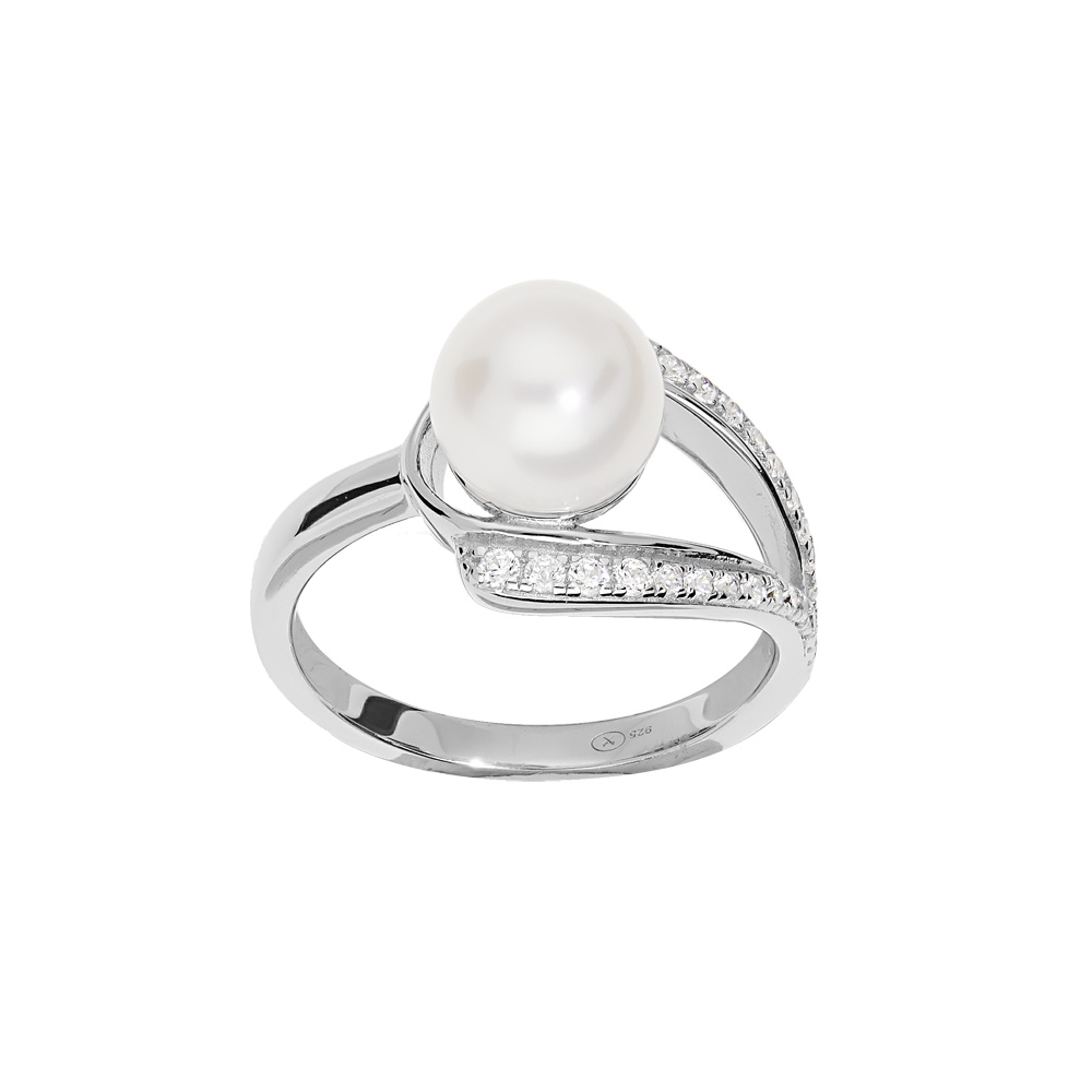 Bague en argent rhodi Perle de culture d\'eau douce blanche entoure d\'oxydes blancs sertis - Vue 1