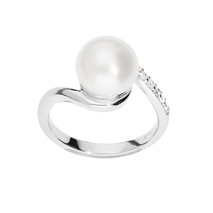 Bague en argent rhodi Perle de culture d\'eau douce drape d\'oxydes blancs sertiis - Vue 1