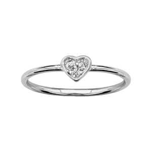 Bague en argent rhodi petit coeur avec oxydes blancs sertis - Vue 1