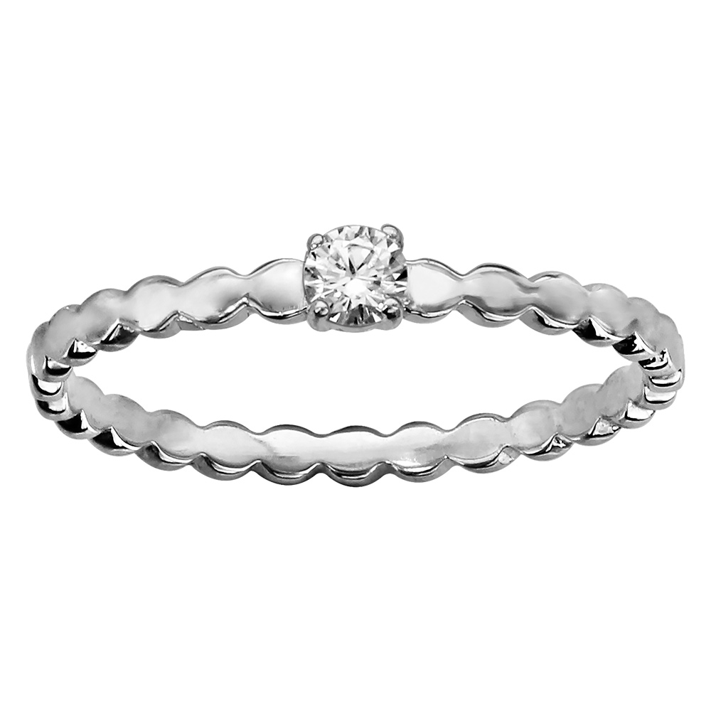 Bague en argent rhodi� petit solitaire oxyde blanc serti sur anneau aux contours bossel�s - Vue 1