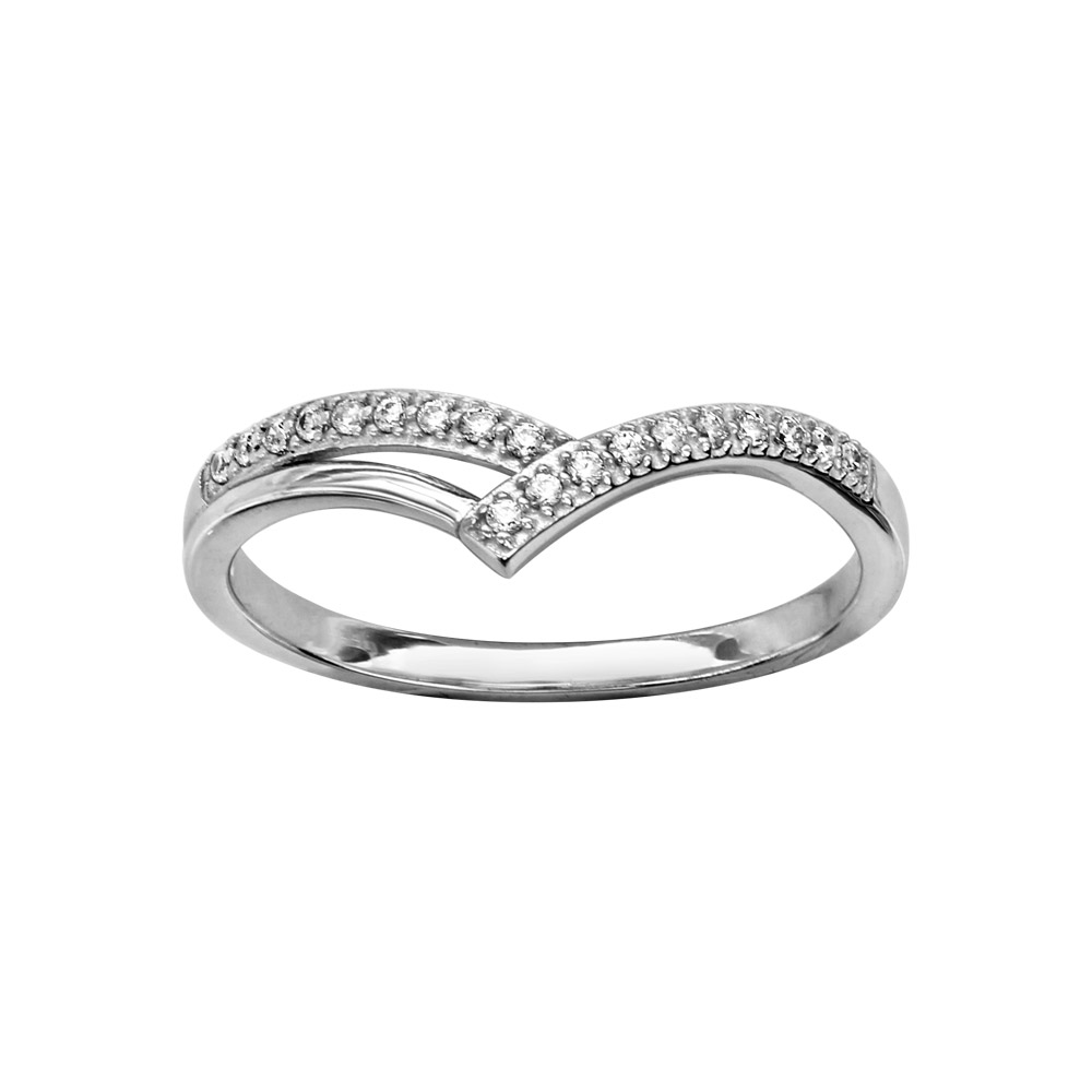 Bague en argent rhodi� petite vague en rail d\'oxydes blancs sertis et 1 brin lisse - Vue 1