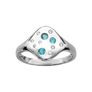 Bague en argent rhodié plateau arrondi avec oxydes blancs et bleu ciel disséminés - Vue 1