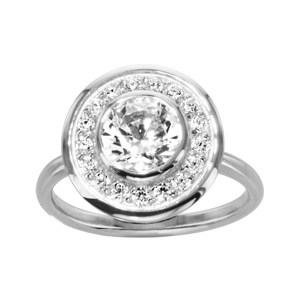 Bague en argent rhodi plateau rond orn d\'oxydes blancs sertis et 1 plus gros au centre - Vue 1