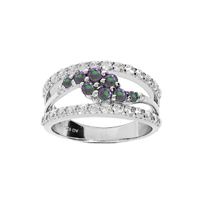 Bague en argent rhodi 2 rangs et vague pave d\'oxydes mystique arc en ciel sertis - Vue 1