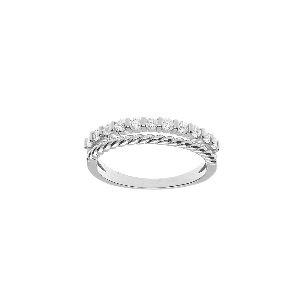 Bague en argent rhodi� 2 rangs orn� d\'un rail d\'oxydes blancs sertis - Vue 1