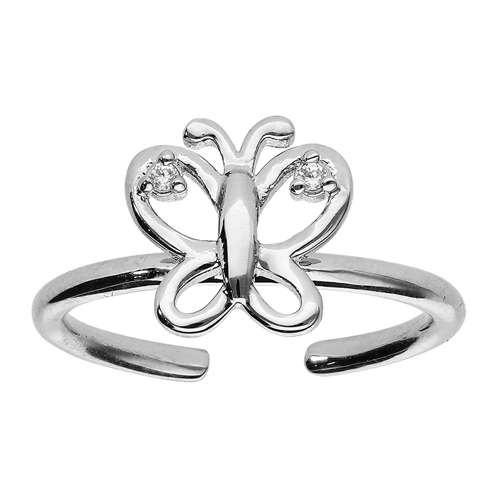 Bague en argent rhodi� r�glable avec papillon ajour� et oxydes blancs - Vue 1