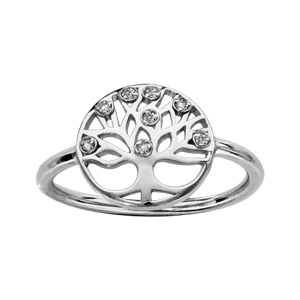 Bague en argent rhodi rond avec motif arbre de vie dcoup et orn d\'oxydes blancs - Vue 1