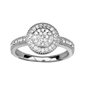 Bague en argent rhodié rond pavé d\'oxydes blancs micro-serti avec tour et anneau ornés d\'oxydes - Vue 1