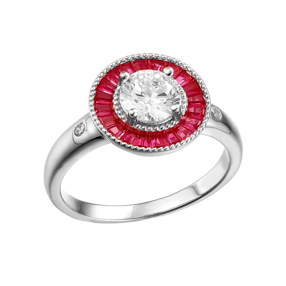 Bague en argent rhodi� ronde centre oxyde blanc et contour oxydes rectangulaires rouges - Vue 1