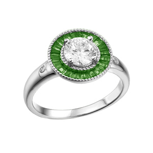 Bague en argent rhodi ronde centre oxyde blanc et contour oxydes rectangulaires verts - Vue 1