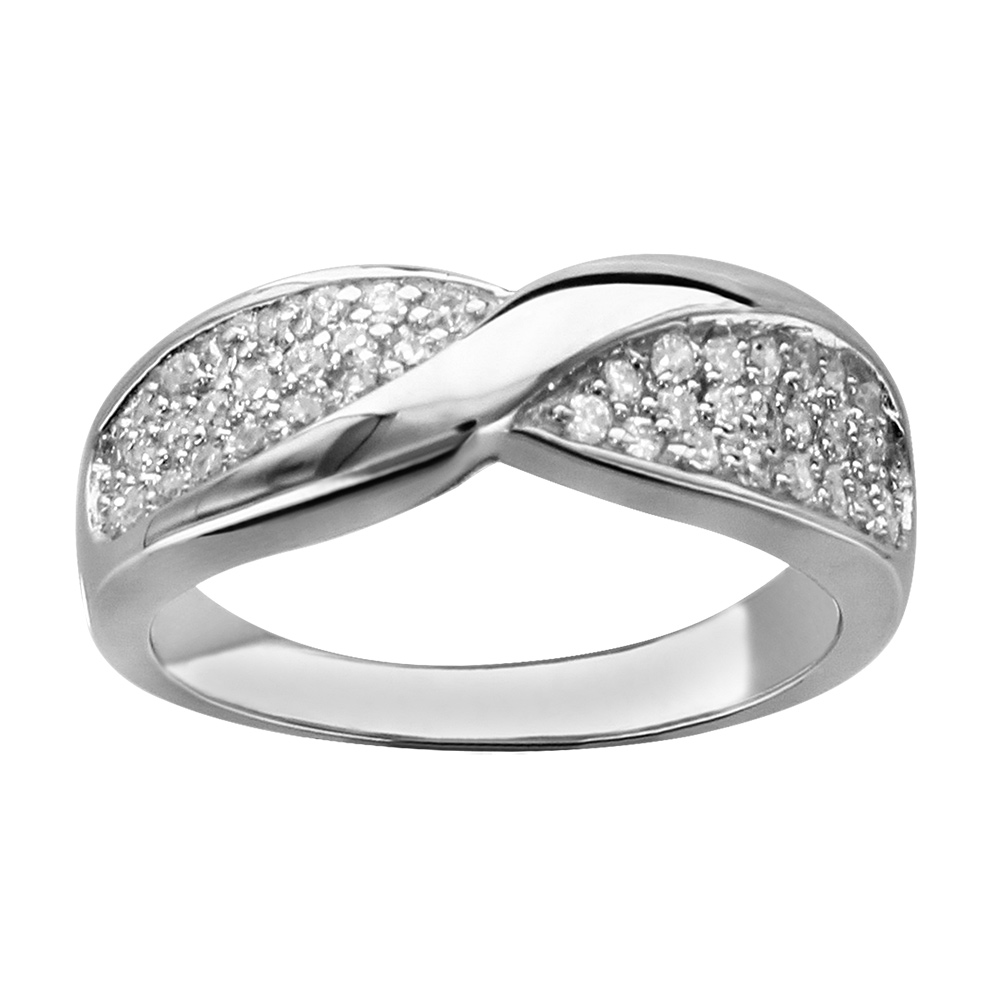 Bague en argent rhodi� ruban pav� d\'xydes blancs sertis avec un tour - Vue 1