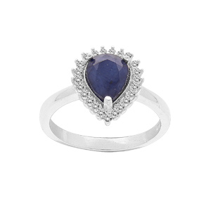 Bague en argent rhodié Saphir véritable en goutte et contour Topazes blanches sertis - Vue 1