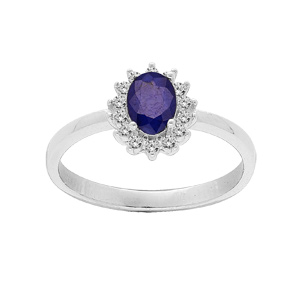 Bague en argent rhodi Saphir vritable et contour Topazes blanches serties - Vue 1