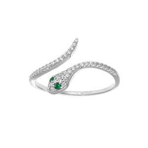 Bague en argent rhodi serpent avec oxydes blancs et verts sertis - Vue 1