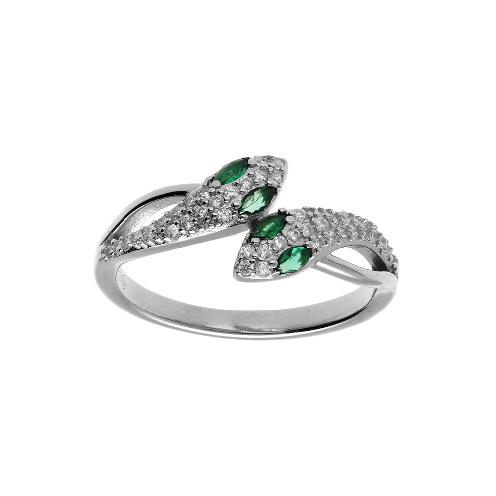 Bague en argent rhodi serpent double avec oxydes blancs et yeux oxydes verts - Vue 1