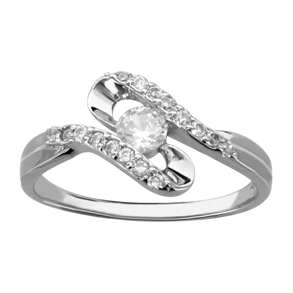 Bague en argent rhodi� serpentin orn� d\'oxydes blancs et 1 oxyde blanc plus gros au centre - Vue 1
