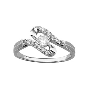 Bague en argent rhodi serpentin orn d\'oxydes blancs et 1 oxyde blanc plus gros au centre - Vue 1