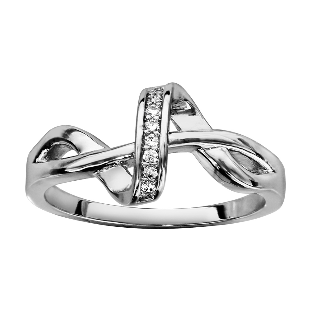 Bague en argent rhodi� serpentin orn� d\'oxydes blancs m�l� � un brin lisse - Vue 1