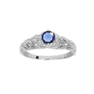 Bague en argent rhodi solitaire 5mm en oxyde bleu fonc et feuillage - Vue 1