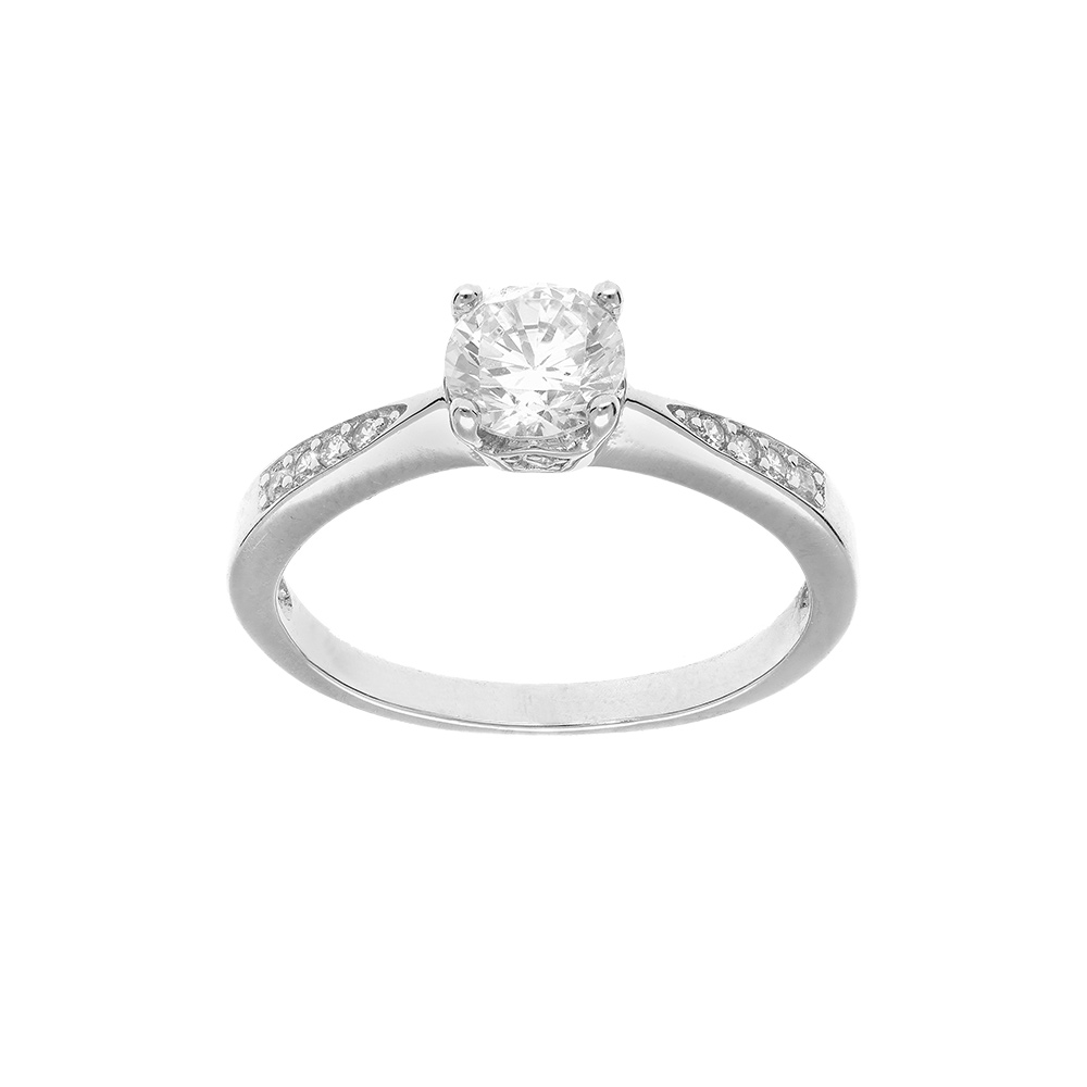 Bague en argent rhodi solitaire avec oxydes blancs sertis et 1 oxyde blanc serti griffe - Vue 1