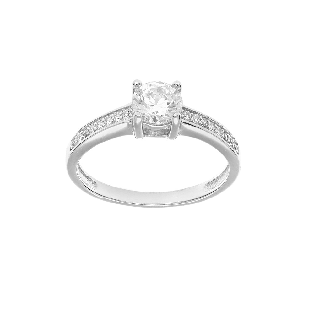 Bague en argent rhodi� solitaire avec oxydes blancs sertis et 1 oxyde central blanc serti - Vue 1