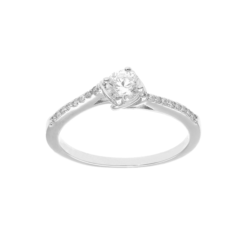Bague en argent rhodi� solitaire avec rivi�re d\'oxydes blancs sertis et 1 oxyde blanc serti griffe - Vue 1