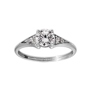 Bague en argent rhodi solitaire avec triangle d\'oxydes blancs sertis 4 griffes - Vue 1