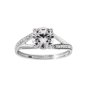 Bague en argent rhodi solitaire crois avec oxyde blanc serti 4 griffes - Vue 1