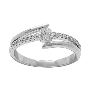 Bague en argent rhodi solitaire double rangs un lisse et oxydes blancs sertis sur l'autre
