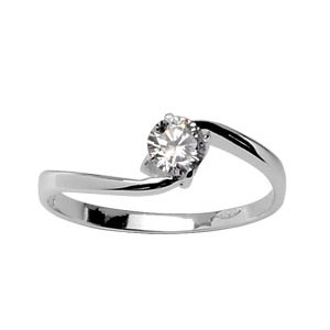 Bague en argent rhodi solitaire en oxyde blanc serti 4 griffes sur monture en forme de vague - Vue 1