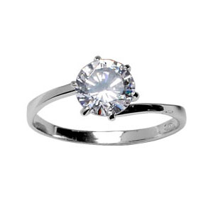 Bague en argent rhodi solitaire en oxyde blanc serti 6 griffes sur monture tournante - Vue 1